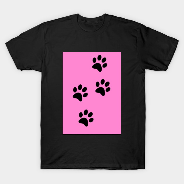 Black Paw-prints on a Pink surface T-Shirt by Blue Butterfly Designs 